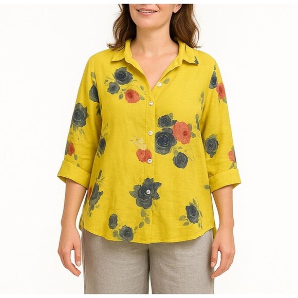 Meo Meli Made in Italy Yellow Floral Linen Blouse Fits Like M Button Front 3/4 - Picture 1 of 8